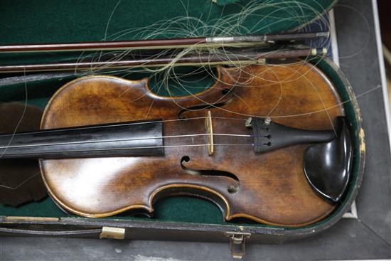 A Metro violin and a silver-mounted bow and one other